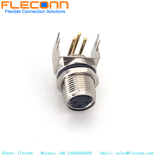 M8 3 Pin Female PCB Panel Mount Connector， 90 Degree Right Angled Pins