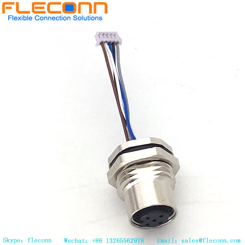 M12 A code 5 pole rear panel mount connector with wire for factory automation
