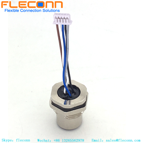 M12 A code 5 pole rear panel mount connector with wire for factory automation