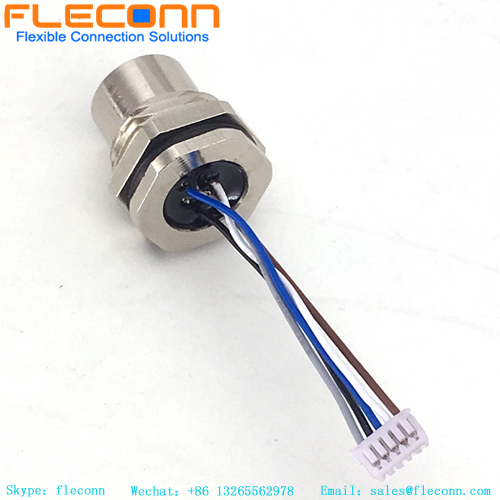 M12 A code 5 pole rear panel mount connector with wire for factory automation
