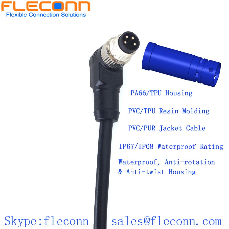 IP67 Waterproof M8 Right Angle Connector Cable 3 4 5 6 8 Pin Available