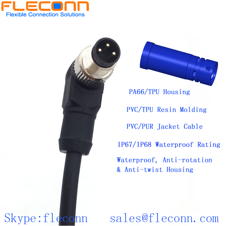M8 3 Pin 90 Degree Angle Overmoulded Male Connector Cable