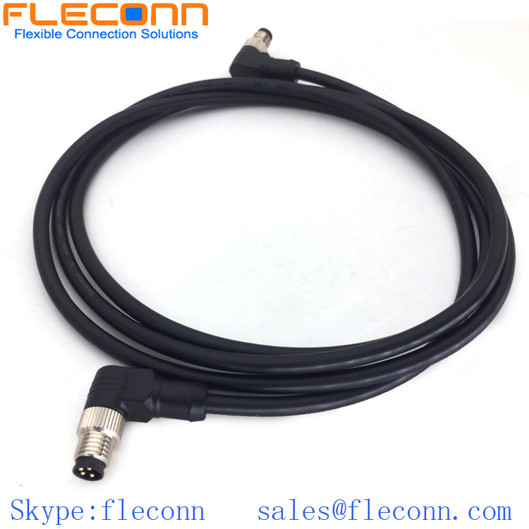M8 4 Pin Position Male to Male Cable, Right Angle, IP67 IP68 Waterproof Rating