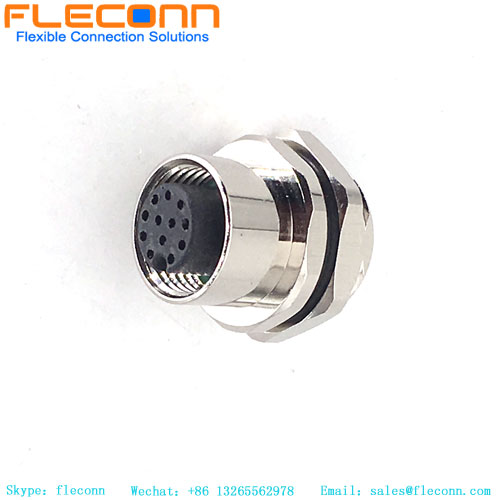 M12 12 Pin Female Panel Mount Connector，Rear Fastening Thread
