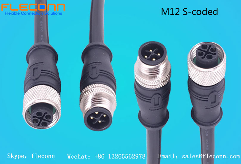FLECONN can produce high quality male and female M12 S-coded Connector Cable used for AC applications. They have 2+PE and 3+PE contacts with a rated current of 12A at 630VAC. These m12 s-coding  connector cables are available in straight and angled cable versions;