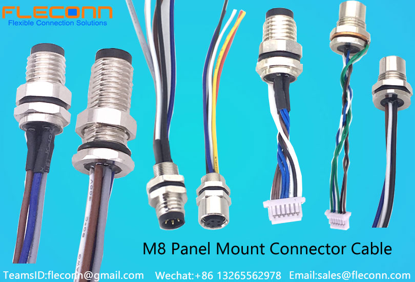 FLECONN can custom m8 3 pin 4 pole 5 contacts 6 position 8 pins male and female panel mount connector with single wires and pigtails. The other end of the cable may connect a wire-to-board connector.